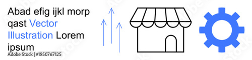 Business growth, entrepreneurship, e-commerce, innovation, progress, management. Black storefront icon, blue gear upward arrows. Business growth and entrepreneurship concept