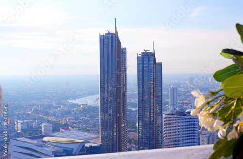 Photography Modern Bangkok City Skyline and Chao Phraya River with Luxury Skyscrapers and Ic