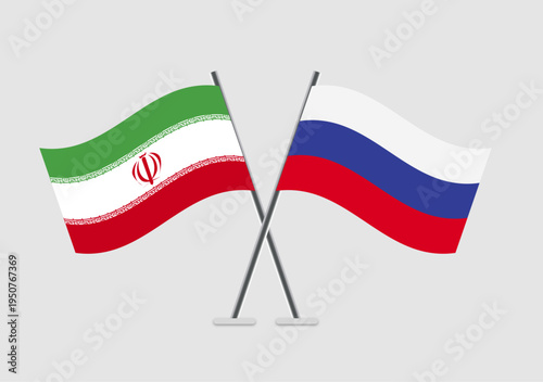 Iran and Russia vector flags shown in treaty-style illustration