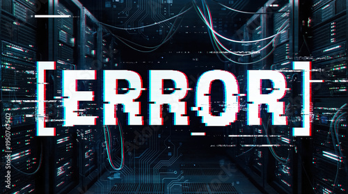 Glitch effect error text message on dark server room background with digital data cables and technology