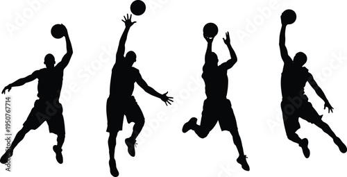 Basketball, player, silhouettes, dunk, jump, sport, athlete, action, ball, game, movement, energy, competition, training, black, isolated, figures, set, illustration, collection