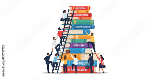 Vector illustration of people stacking books in a tower