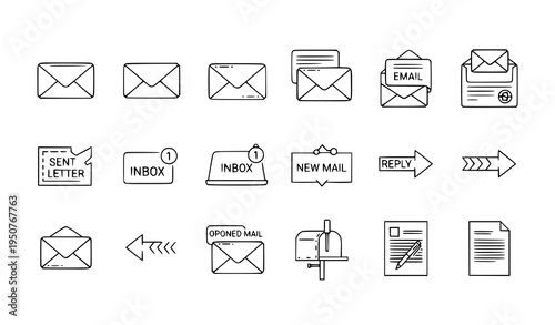 Email and letter line icons set mail inbox send reply vector
