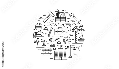 Labor and construction icon collection workers tools building vector set