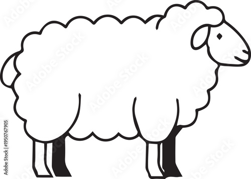 Cute line art illustration of a sheep facing right, simple black and white drawing of a farm animal for graphic design