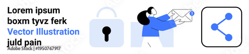 Cybersecurity, data communication, information sharing, email exchange, secure connections, protecting data. Person holding emails with lock and share icons. Cybersecurity and data communication