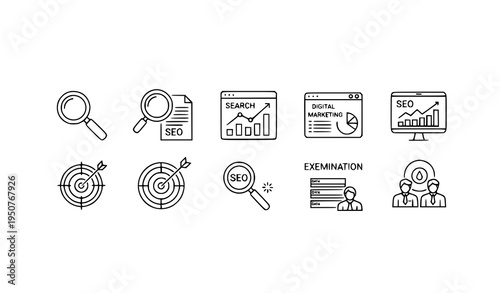 Search outline icons collection magnifying glass SEO analytics vector set