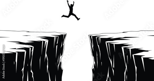 Business challenge concept silhouette, person jumping across cliff gap risk success courage motivation goal achievement vector illustration