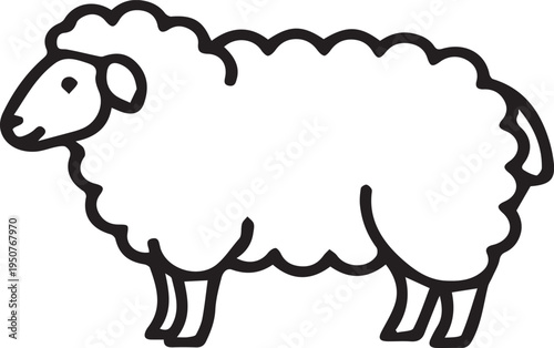 Charming black and white illustration of a fluffy sheep, simple outline drawing of a farm animal for whimsical designs