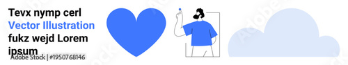 Creative design, healthcare , communication, personal expressions, minimalism, and art. Features a blue heart, a person drawing and a cloud. Creative design and healthcare themes concept