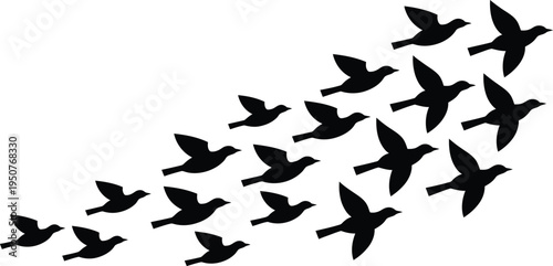 Flock of birds flying in sky silhouette group of swallows migrating seasonal nature wildlife vector