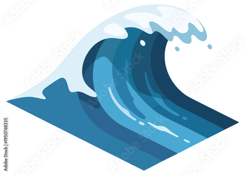 Isometric Blue Ocean Wave Vector Illustration with White Sea Foam