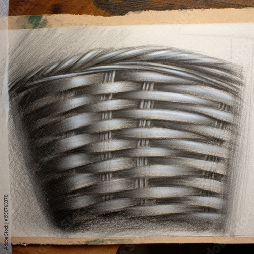 Close-up charcoal drawing of a woven basket, showing detailed texture and shading