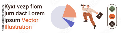 Business analysis, data , customer feedback, professional communication, corporate strategy, market evaluation. Pie chart, businessman shouting through megaphone feedback scale. Business analysis