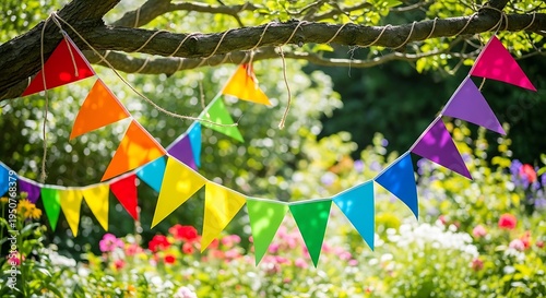 Vibrant rainbow bunting strung on a tree branch, set against a blurred garden backdrop