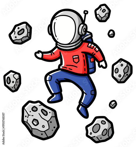 Cute Cartoon Astronaut Floating in Outer Space Surrounded by Asteroids