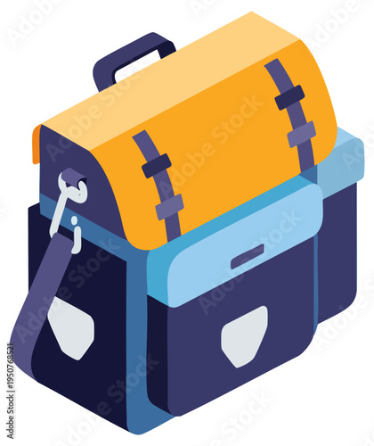 Isometric Travel Messenger Bag Vector with Yellow and Blue Colors