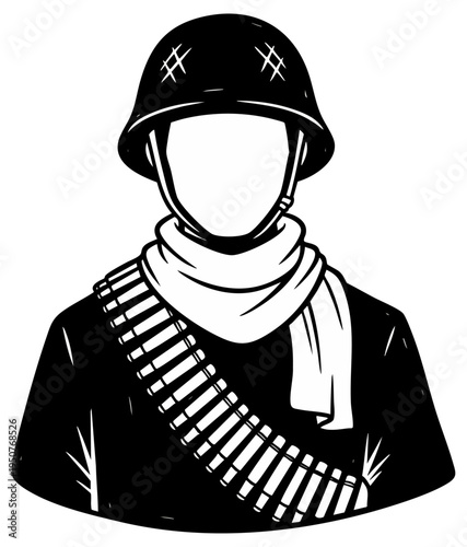 Military Soldier Portrait Silhouette with Helmet Scarf and Ammo Belt