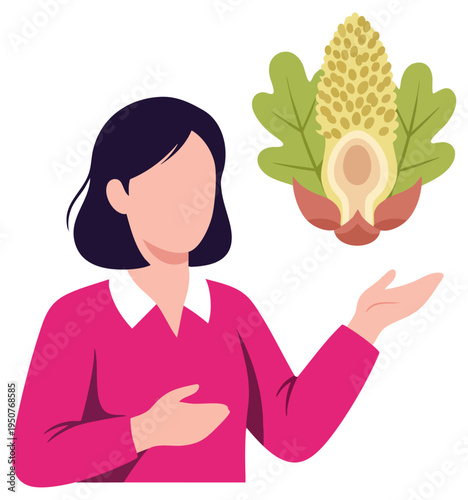 Woman Presenting Botanical Seed Spike and Oak Leaf Illustration