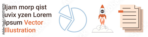 Business strategy, growth, data analysis, market research, entrepreneurship, innovation. Rocket launch, pie chart and documents. Business strategy and data analysis concepts