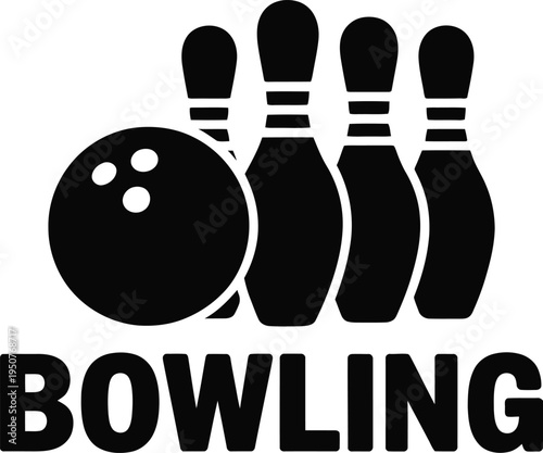 Bowling ball and pins silhouette with typography text for tournament game and leisure activity sign