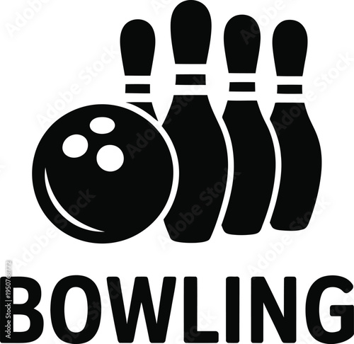 Bowling ball and pins silhouette icon isolated on transparent background with sports typography text