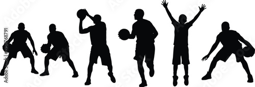 Basketball players action silhouettes set, dribbling shooting and celebrating athletes black vector illustration isolated on white background