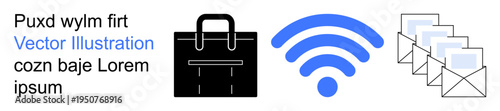 Business networking, communication, telecommuting, file sharing, wireless technology, digital tools. wireless symbol, briefcase email icons. Business networking and communication concept
