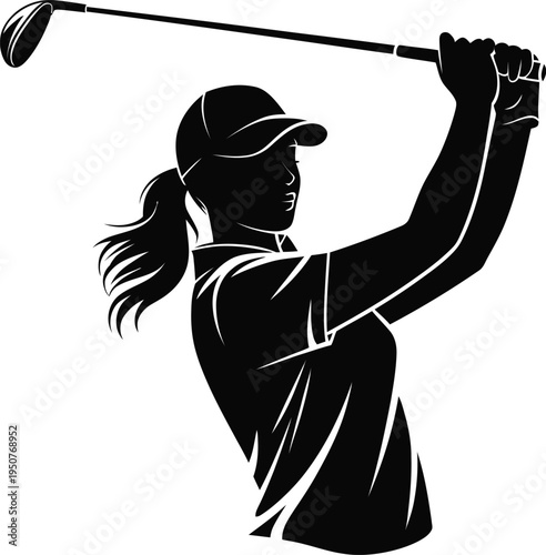 Woman golfer silhouette with a golf club in an upward swing position vector graphic