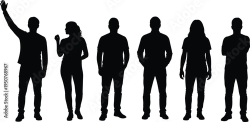 People standing silhouettes collection with men and woman in casual poses isolated on white background human character set