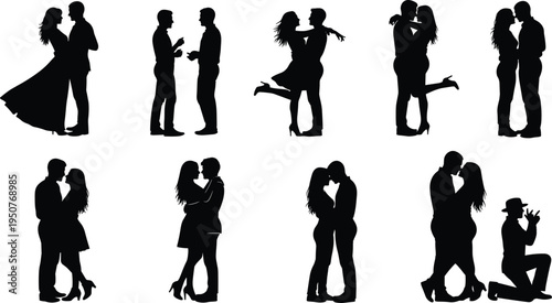 Romantic couple silhouette collection isolated on white background, man woman love poses kissing hugging proposal, relationship vector illustration