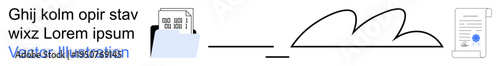 Cloud computing, digital data sharing, electronic documentation, online storage, file transfer, cybersecurity. A folder, cloud icon and document with a signature. Cloud computing and digital data