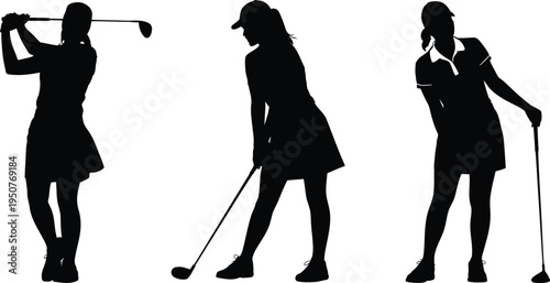 Three female golfers in various poses on a golf course vector silhouette set