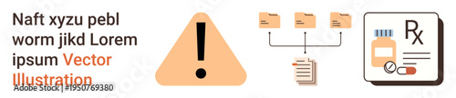 Data security, information management, health services, medical records, warning systems, digital organization. Includes warning icon, file sharing ion and medication prescription graphic. Data