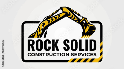 Rock Solid Construction Services Logo with Excavator Arm Modern Heavy Equipment Contractor Branding