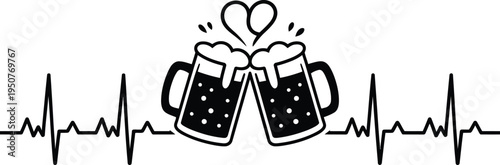 Brewery heartbeat line with beer mugs and foaming glasses for party celebration and drink lovers art