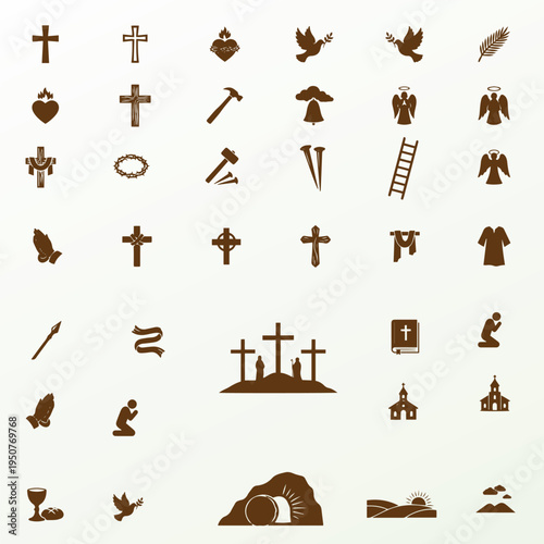Good Friday Religious Silhouette Icon Set with Cross Crown of Thorns Nails Bible Dove and Christian Faith Symbols Vector