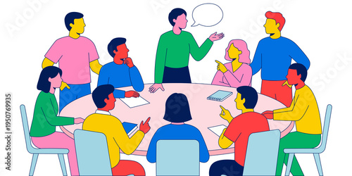 Diverse Team Brainstorming Around Table – Flat Business Meeting Illustration, Isolated on PNG Background.