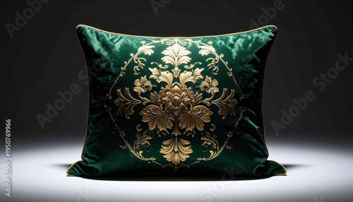 A luxurious deep forest green velvet cushion sumptuously embroidered with an intricate gold floral design, creating an opulent and elegant home decor accent.