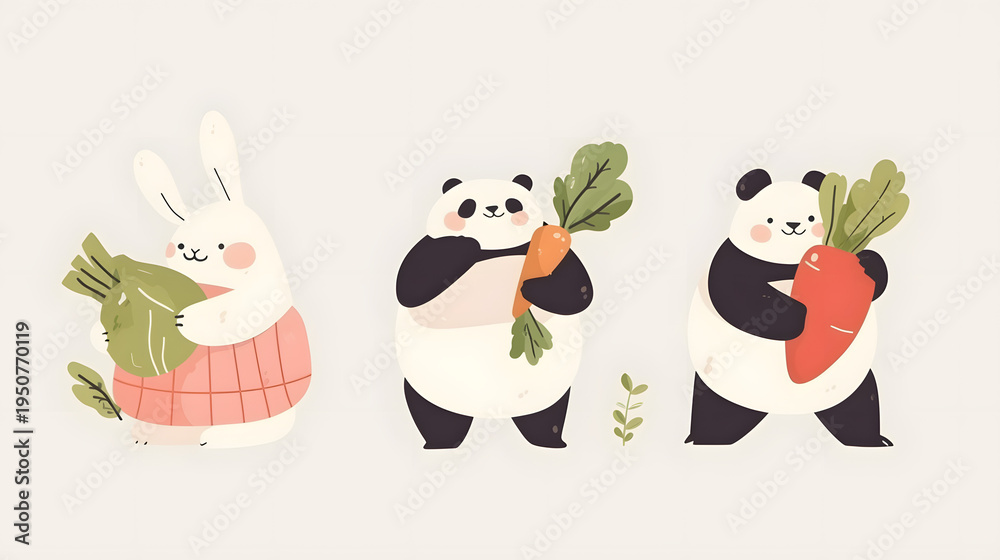 Fototapeta premium flat illustration of cute animals rabbit and panda