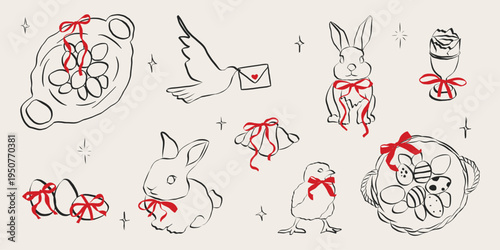 Vintage Easter rabbit sketches with spring bunny doodles, hand-drawn eggs and baskets, whimsical line illustrations, coquette bows and ribbons, floral cottagecore designs. Chalk Vector illustration
