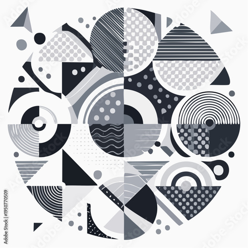 Postmodern geometric ornament with simple shapes in monochrome color, circular discs with different textures, bold aesthetic
