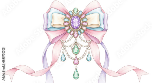 A beautiful pink bow with a large gemstone and pearls on transparent background