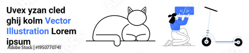 Technology, transportation, coding, animals, minimalism, vector design. Features an outlined cat, a programmer typing and an electric scooter. Technology and transportation illustrated