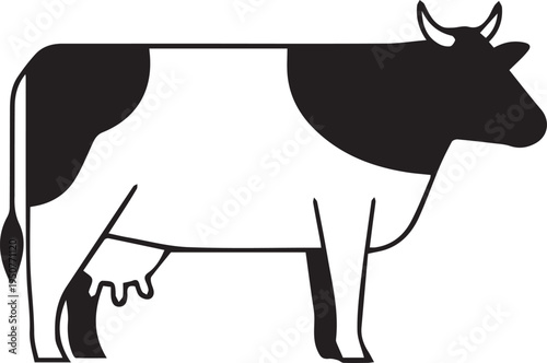 A black and white cow standing on a white background