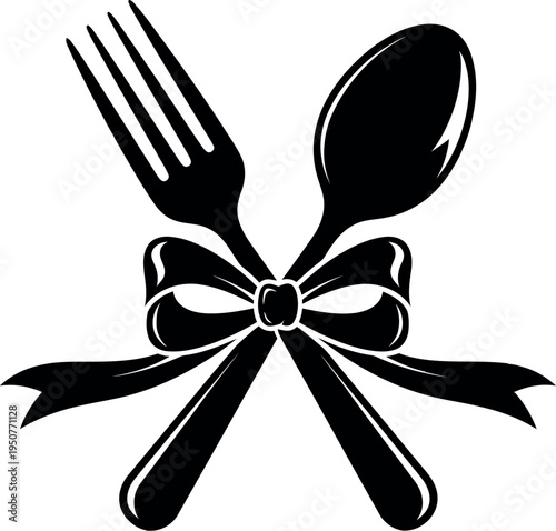 Black silhouette of crossed fork and spoon tied with a bow