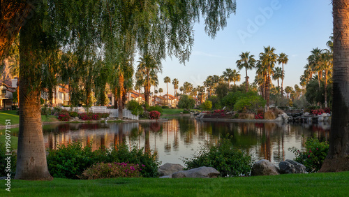 Foto Blooming flowers, lush landscaping and palm trees ring a man made lagoon in an upscale housing community in Palm Desert California