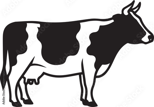 A black and white cow standing on a white background