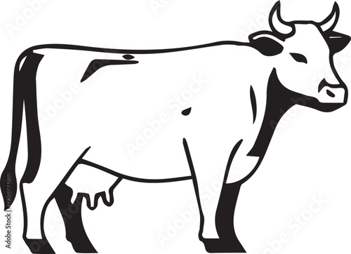 A black and white drawing of a cow standing still
