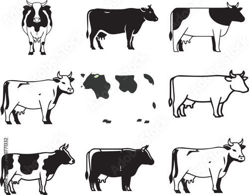 A collection of black and white cow illustrations